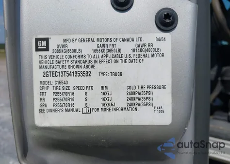 2004 GMC Sierra 1500 Slt from USA, damaged, VIN 2GTEC13T541353532